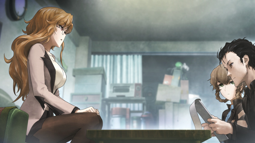 1boy 2girls amane_suzuha amane_suzuha_(beta) beard_stubble black_cardigan black_hair black_jacket black_pantyhose black_shirt blonde_hair blouse blue_jacket blue_track_suit braid breasts brown_hair cardigan collar collarbone collared_shirt cropped_jacket ears_visible_through_hair facial_hair frilled_collar frills frown future_gadget_lab game_cg gero-froggy glasses hair_between_eyes hair_rings high_collar high_heels highres holding huke jacket jacket_over_jacket jitome kiryuu_moeka lapels leather leather_jacket long_hair long_sleeves looking_at_another looking_down medium_breasts messy_hair miniskirt multiple_girls non-web_source notched_lapels office_lady official_art okabe_rintarou okabe_rintarou_(beta) open_collar open_mouth pantyhose pink_eyes ringed_eyes serious shirt shoes short_hair sideburns_stubble skirt steins;gate steins;gate_0 stubble track_jacket track_suit twin_braids twintails white_shirt white_shoes yellow_eyes