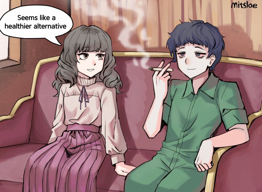 1boy 1girl absurdres arm_rest arm_support artist_name black_eyes black_hair brown_eyes brown_hair brown_shirt closed_mouth commentary english_text fear_&amp;_hunger_(series) fear_&amp;_hunger_2:_termina frilled_shirt_collar frills green_jumpsuit grin highres joint_(drug) jumpsuit levi_(fear_&amp;_hunger) long_hair long_sleeves looking_at_another marijuana marina_(fear_&amp;_hunger) neck_ribbon pink_skirt pleated_skirt ribbon sakimitsloe shirt shirt_tucked_in short_hair short_sleeves sitting skirt smile speech_bubble stoned