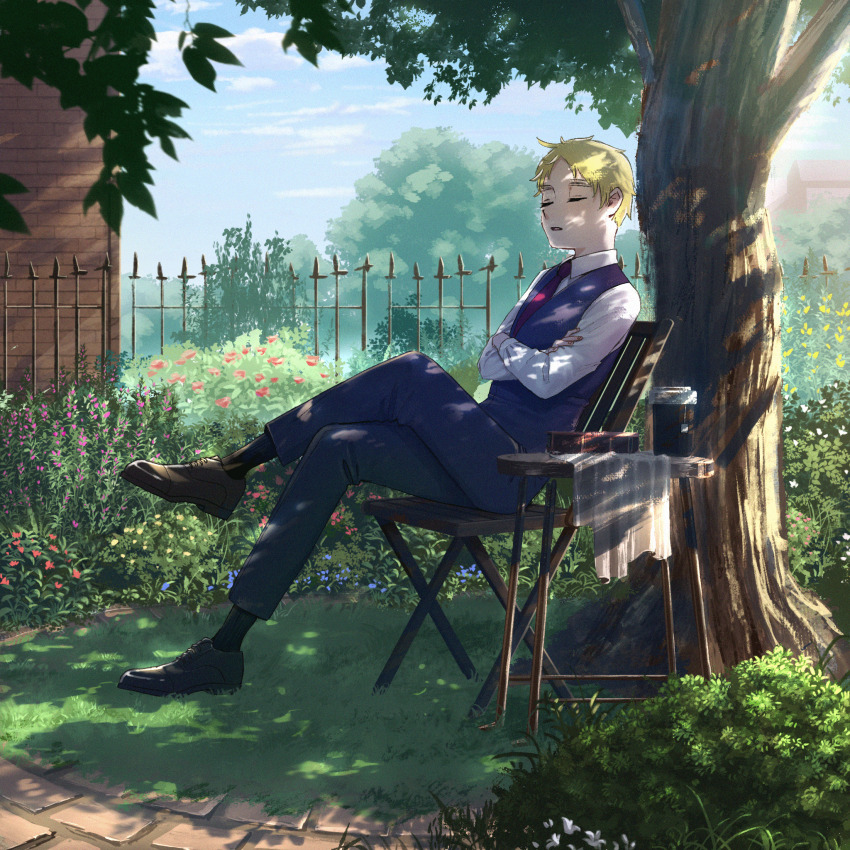 1boy axis_powers_hetalia black_pants black_shoes black_socks black_vest blonde_hair blue_flower blue_sky book branch brick_wall bush closed_eyes cloud cloudy_sky collared_shirt commentary_request crossed_arms crossed_legs cup day flower garden gate grass highres leaf long_sleeves male_focus necktie on_chair open_mouth outdoors pants pcpc_onaka pink_flower pink_necktie red_flower shadow shirt shoes short_hair sitting sky sleeping socks solo sunlight table tree united_kingdom_(hetalia) vest white_flower white_shirt