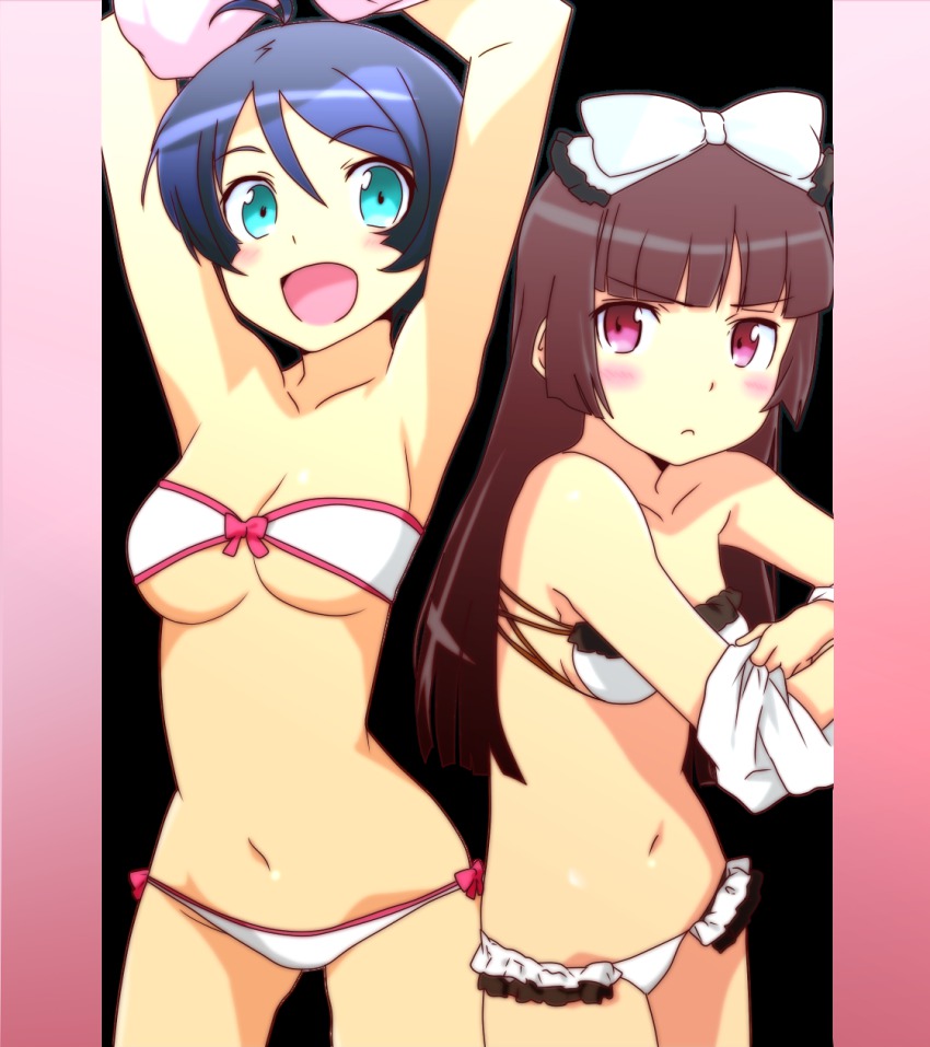 2girls arms_up bikini black_hair blue_eyes blush bow derivative_work female_focus frilled_bikini frills gokou_ruri highres isono_wakame long_hair lowleg lowleg_bikini multiple_girls navel open_mouth ore_no_imouto_ga_konna_ni_kawaii_wake_ga_nai puu_maru red_eyes sazae-san strapless strapless_bikini swimsuit undressing