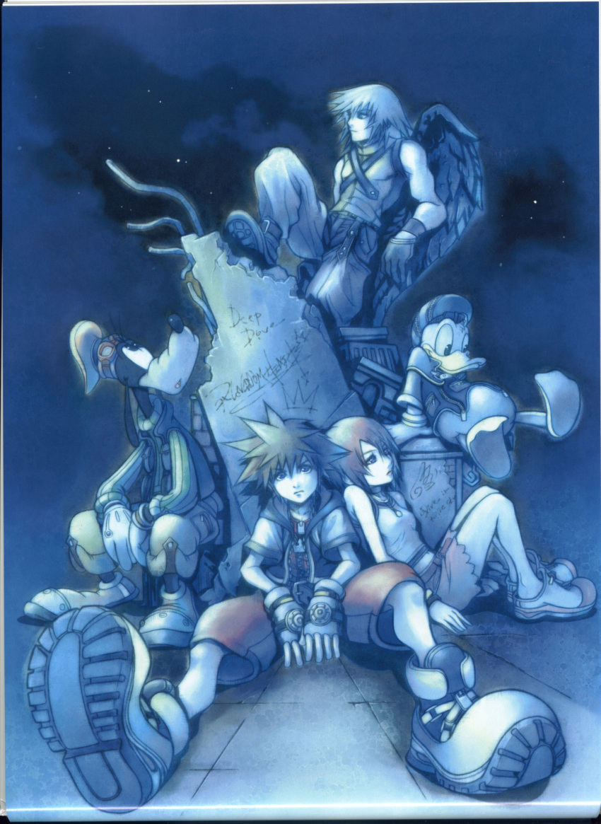 1girl 2boys disney donald_duck everyone furry goofy highres kairi_(kingdom_hearts) kairi_(shery_rakuura) kingdom_hearts kingdom_hearts_i multiple_boys nomura_tetsuya official_art riku_(kingdom_hearts) scan sora_(kingdom_hearts)