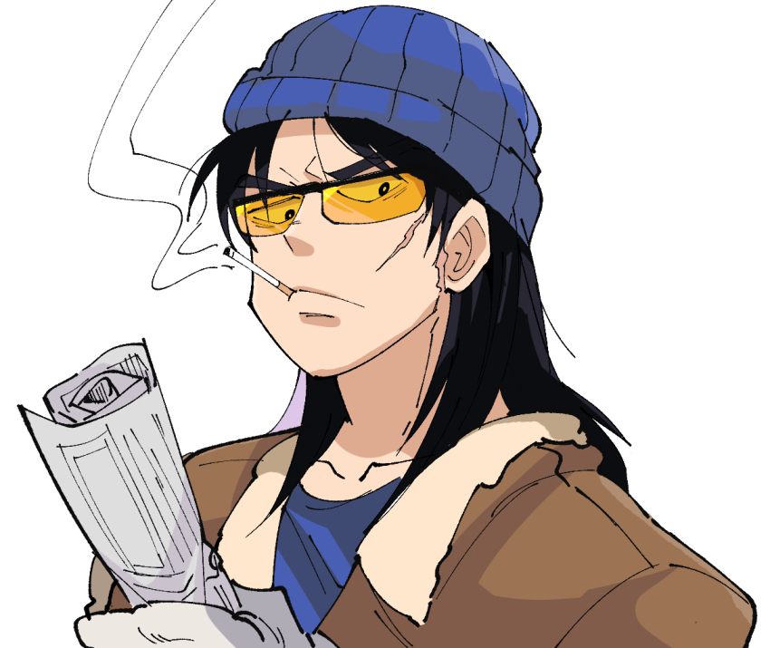 1boy beanie black_hair blue_hat bomber_jacket brown_jacket cigarette closed_mouth commentary_request facial_scar frown hat holding holding_newspaper inudori itou_kaiji jacket kaiji long_hair looking_at_viewer male_focus newspaper orange-tinted_eyewear rolled_up_newspaper scar scar_on_cheek scar_on_face simple_background smoke smoking solo sunglasses tinted_eyewear upper_body v-shaped_eyebrows white_background