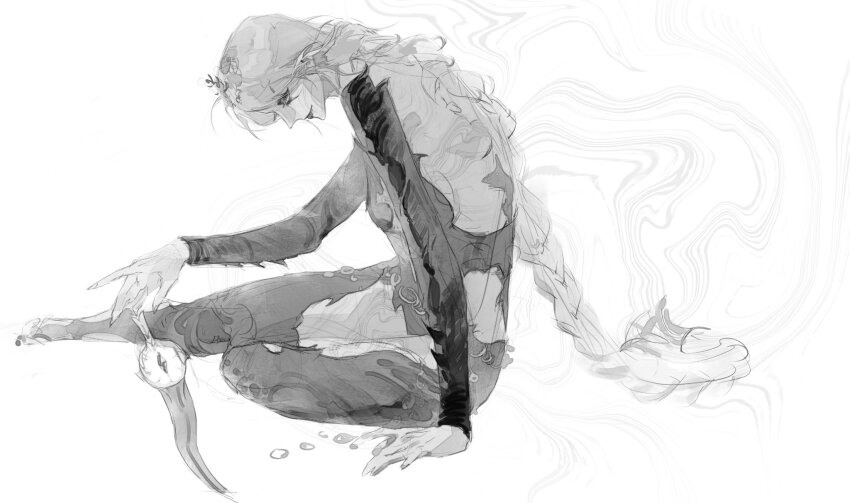 1girl arm_support baldur&#039;s_gate baldur&#039;s_gate_3 bodysuit braid dagger detached_sleeves eyeshadow from_side full_body greyscale headpiece highres hip_vent jiao_chang knife long_hair looking_down low-braided_long_hair low-tied_long_hair makeup monochrome orin_the_red simple_background single_braid sitting sketch smile solo weapon white_background yokozuwari