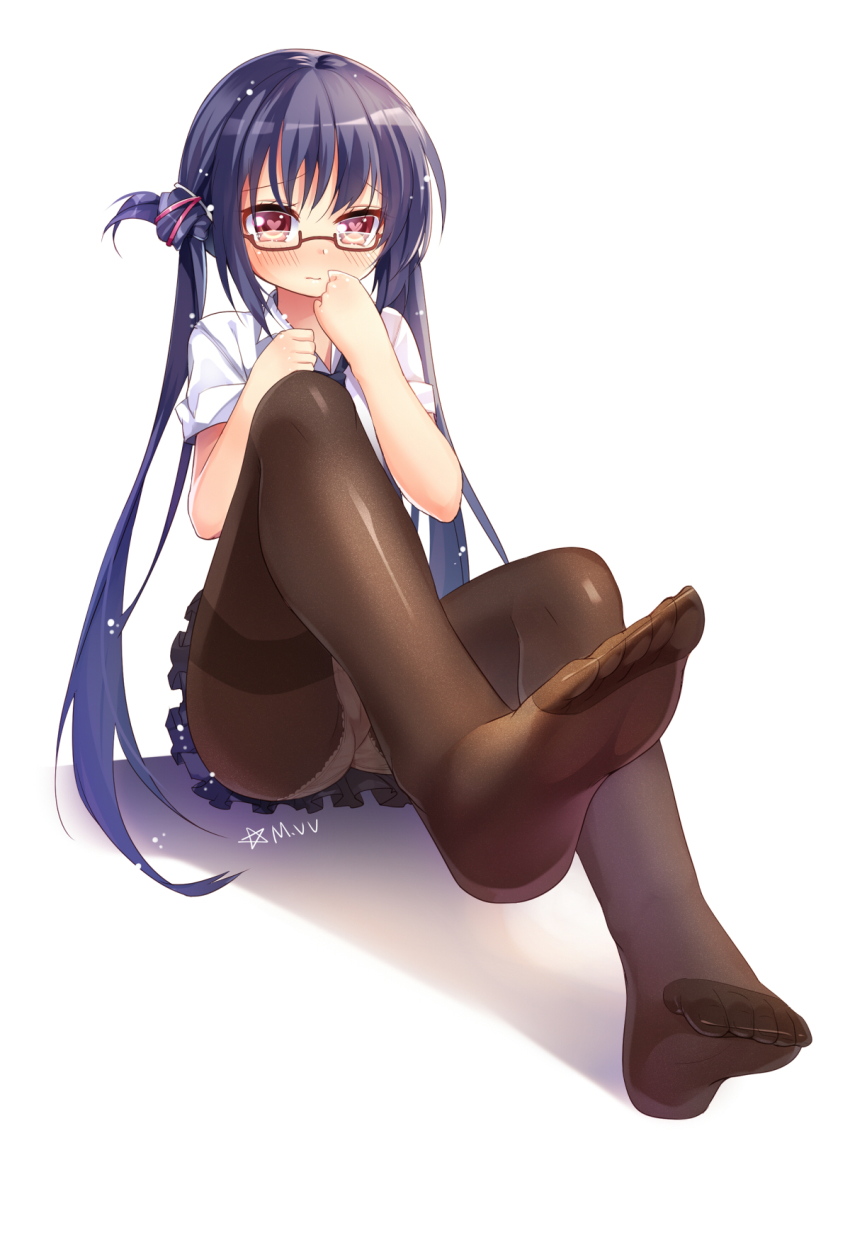 1girl artist_name bad_id bad_pixiv_id black_hair black_pantyhose blush clover_day clover_days feet female_focus glasses heart heart-shaped_pupils highres long_hair looking_at_viewer mvv no_shoes panties panties_under_pantyhose pantyhose pantyshot pentagram pleated_skirt red_eyes school_uniform shadow short_sleeves simple_background sitting skirt soles solo source_request symbol-shaped_pupils takakura_anri thighband_pantyhose toes underwear upskirt very_long_hair white_background white_panties