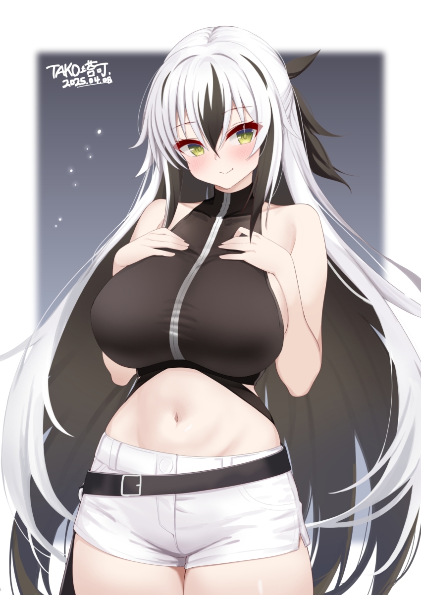 1girl alternate_breast_size black_hair breasts colored_inner_hair crop_top dated fate/grand_order fate_(series) green_eyes hands_on_own_chest highres ineedu041_tako large_breasts long_hair midriff multicolored_hair nagao_kagetora_(fate) navel shorts signature sleeveless smile solo uesugi_kenshin_(fate) uesugi_kenshin_(second_ascension)_(fate) very_long_hair white_hair white_shorts