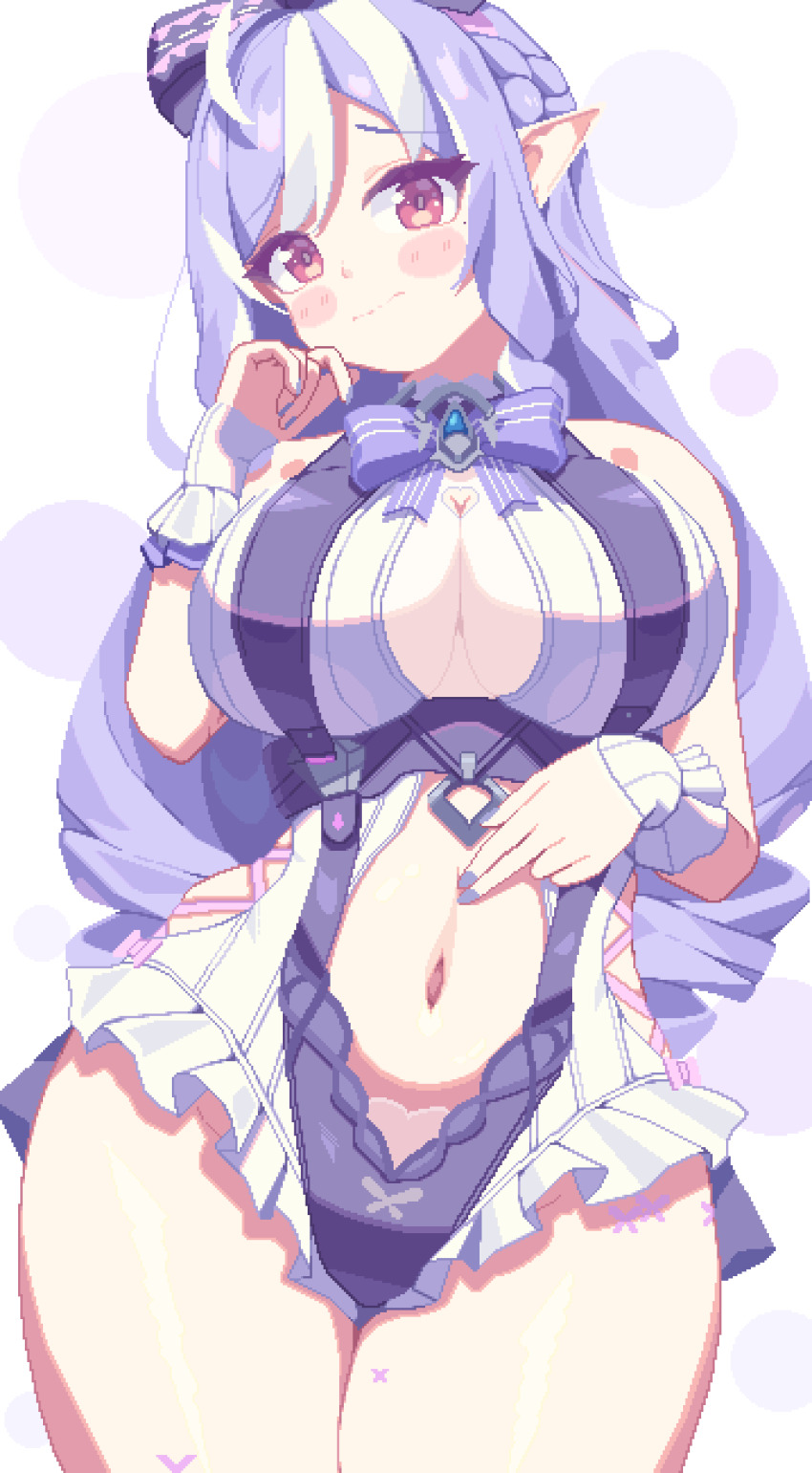 1girl animated animated_gif bare_shoulders blinking blush_stickers breasts breathing cleavage closed_mouth cowboy_shot frilled_one-piece_swimsuit frills highres large_breasts long_hair looking_at_viewer multicolored_hair navel one-piece_swimsuit piao_mao pixel_art pointy_ears purple_hair purple_nails red_eyes solo streaked_hair swimsuit thighs vivian_banshee vivian_banshee_(iris_of_the_shore) white_hair zenless_zone_zero