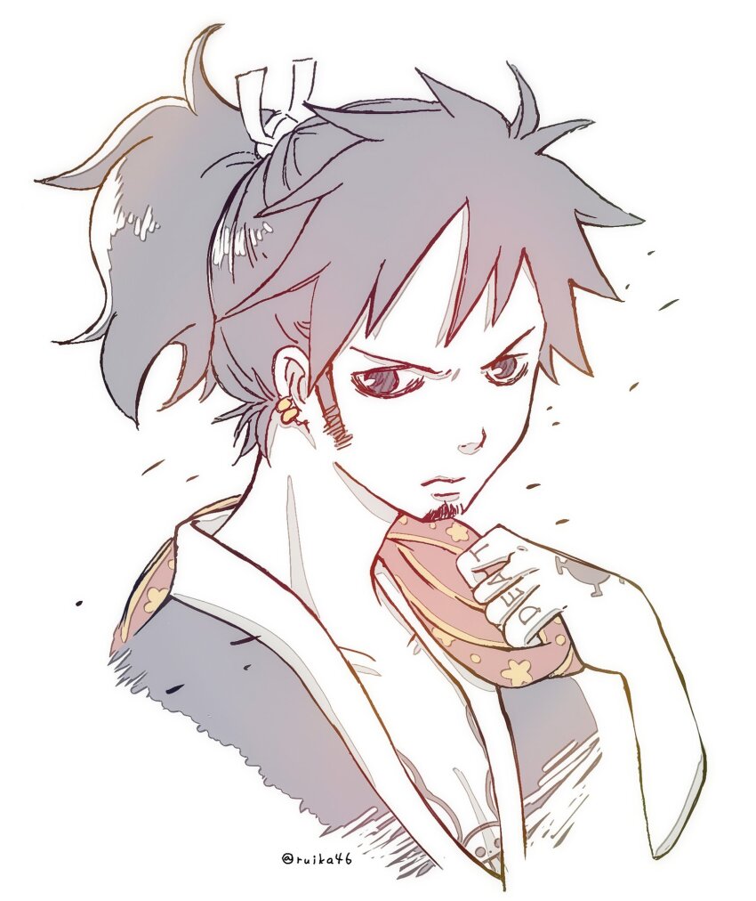 1boy black_hair chest_tattoo closed_mouth commentary_request earrings facial_hair goatee hand_tattoo highres jewelry looking_at_viewer male_focus one_piece ponytail ruika46 sideburns simple_background solo tattoo trafalgar_law twitter_username upper_body white_background