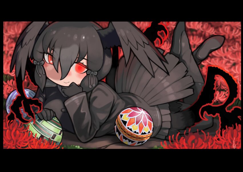 1girl bird_girl bird_tail bird_wings black_bow black_footwear black_gloves black_pantyhose black_shirt black_skirt black_socks blush bow commission flats gloves glowing glowing_eye hair_between_eyes hair_bow head_wings highres kemono_friends long_sleeves looking_at_viewer lying on_stomach pantyhose pleated_skirt red_eyes rinx school_uniform serafuku shirt short_hair sidelocks skeb_commission skirt smile socks solo tail wings yatagarasu_(kemono_friends)
