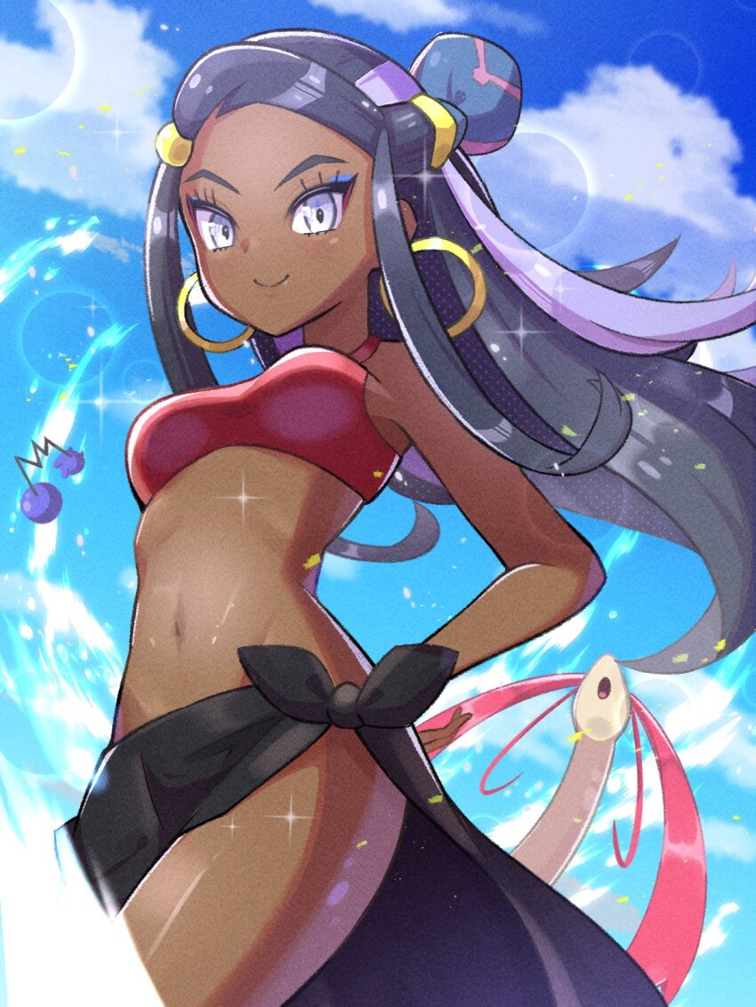 1girl azurill bikini black_hair blue_eyes blue_sky breasts dark-skinned_female dark_skin earrings eyeshadow gen_3_pokemon hair_ornament hand_on_own_hip highres hoop_earrings inana_umi jewelry light_particles light_rays long_hair looking_at_viewer makeup medium_breasts milotic multicolored_hair navel nessa_(pokemon) nintendo outdoors pokemon pokemon:_twilight_wings pokemon_(creature) purple_hair side-tie_bikini_bottom sky stomach streaked_hair sunlight swimsuit thighs