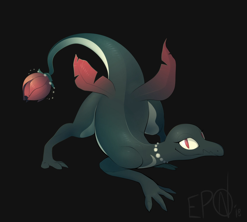 absurdres alternate_element animal_focus artist_name b-epon black_background closed_mouth dated full_body gen_7_pokemon half-closed_eyes highres looking_at_viewer nintendo no_humans pokemon pokemon_(creature) red_eyes salazzle signature simple_background smile solo top-down_bottom-up