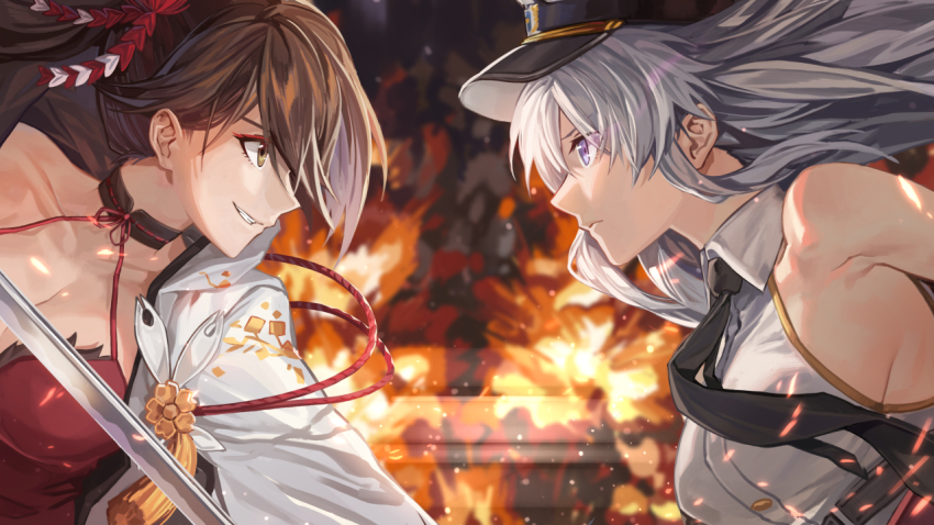 2girls azur_lane bare_shoulders black_neckwear breasts brown_eyes brown_hair cape cleavage collar collarbone collared_shirt dress duel embers enterprise_(azur_lane) explosion eye_contact floating_hair from_side grin hair_ornament halterneck hat holding holding_sword holding_weapon japanese_clothes long_hair looking_at_another medium_breasts military military_hat military_uniform multiple_girls necktie official_art peaked_cap ponytail purple_eyes red_dress rff_(3_percent) serious shirt sideboob sleeveless sleeveless_shirt smile sword weapon white_hair zuikaku_(azur_lane)