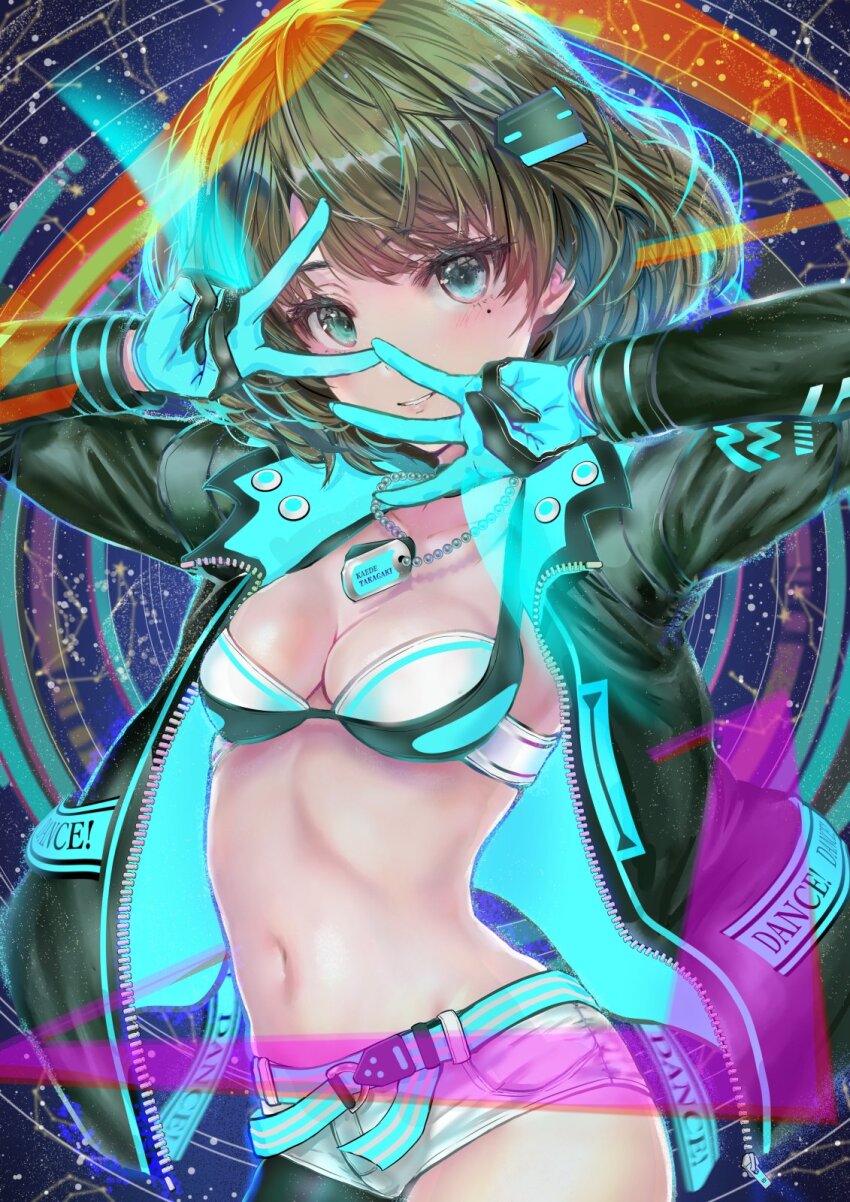 1girl abstract_background aqua_belt aquarius_(constellation) aquarius_(symbol) asymmetrical_legwear bikini bikini_top_only bikini_under_clothes blue_eyes blush breasts cleavage collarbone constellation cowboy_shot dance_on_the_galaxy_(idolmaster) dog_tags gloves green_eyes green_hair hair_ornament hands_up heterochromia highres idolmaster idolmaster_cinderella_girls idolmaster_cinderella_girls_starlight_stage jacket jewelry long_sleeves looking_at_viewer mamoru_(mamoru_jinja) medium_breasts midriff mole mole_under_eye multicolored_bikini multicolored_jacket navel necklace open_clothes open_jacket parted_lips short_hair short_shorts shorts single_bare_leg single_leg_pantyhose smile solo standing swimsuit takagaki_kaede two-sided_fabric two-sided_jacket two-tone_bikini two-tone_gloves two-tone_jacket v w white_shorts zipper zipper_pull_tab