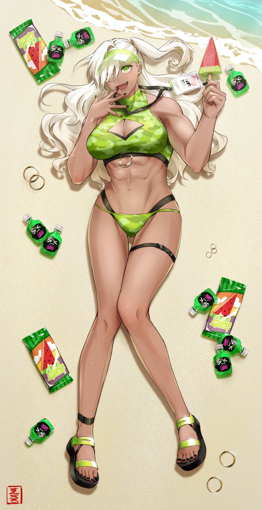 1girl abs absurdres anklet beach bikini breasts candy dark-skinned_female dark_skin eyelashes fang food from_above fruit full_body hair_over_one_eye halterneck hand_in_mouth highres jewelry large_breasts leg_belt lying makeup muscular muscular_female nail_polish ocean on_back original popsicle popsicle_stick sand sandals solo sunsirou swimsuit tan toenail_polish toenails watermelon