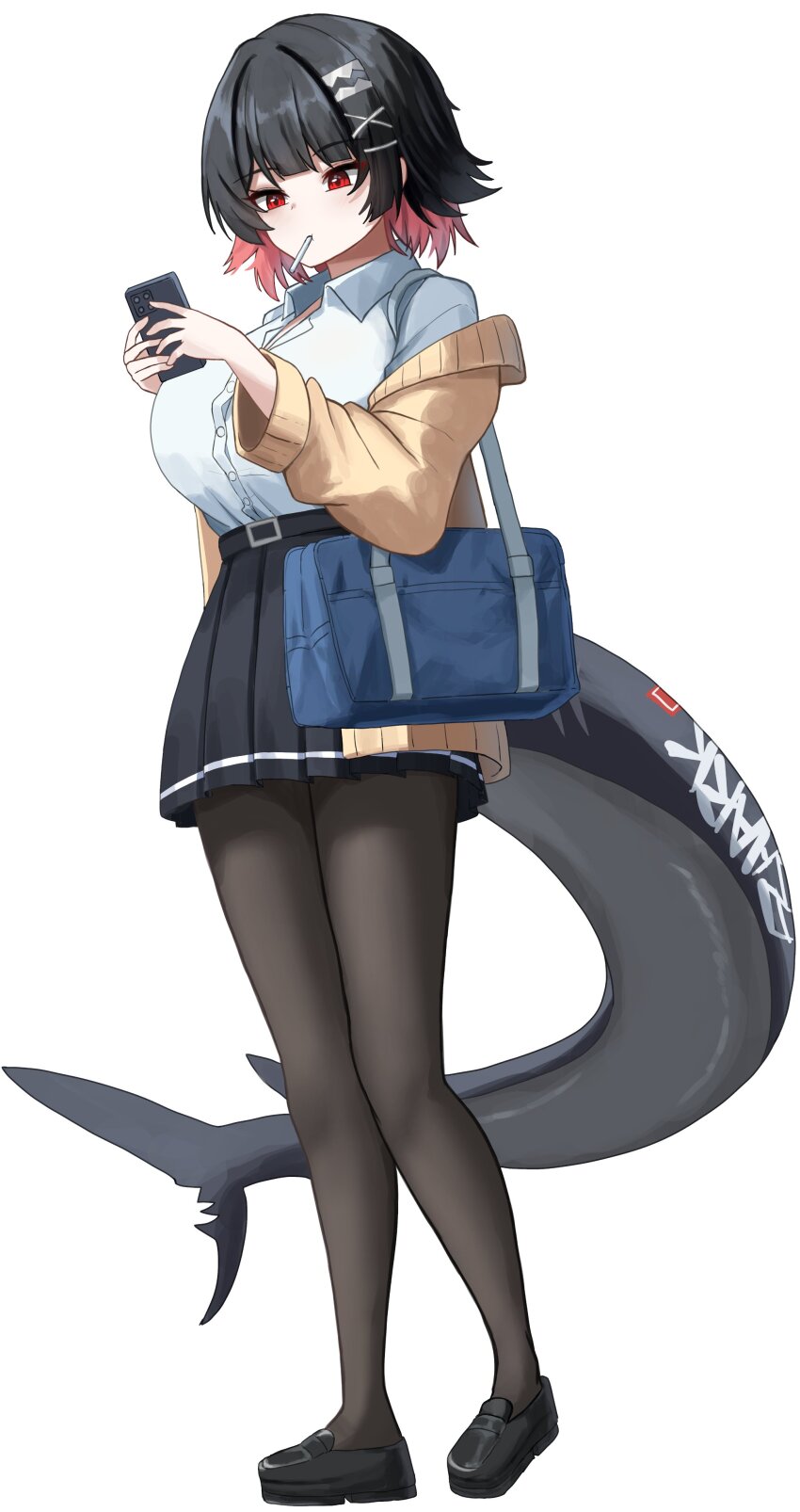 1girl absurdres bag black_pantyhose black_shoes black_skirt blue_bag breasts brown_cardigan cardigan collared_shirt colored_inner_hair duffel_bag ellen_joe ellen_joe_(on_campus) fahufahu fins fish_tail full_body hairband highres holding holding_phone large_breasts loafers lollipop_in_mouth looking_at_phone metal_hairband multicolored_hair official_alternate_costume open_cardigan open_clothes pantyhose phone pleated_skirt shark_girl shark_tail shirt shoes short_hair skirt tail white_background white_shirt zenless_zone_zero