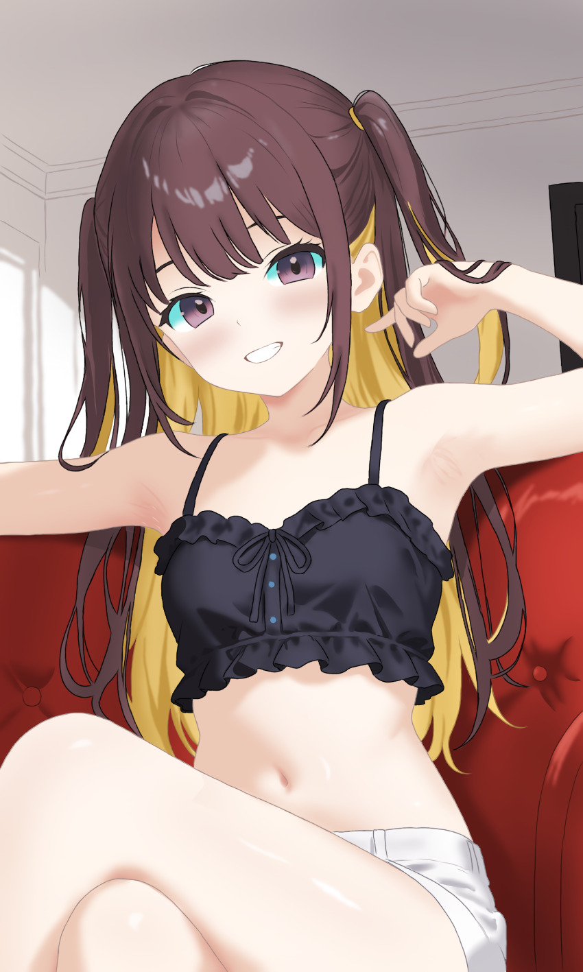 1girl absurdres armpits black_ribbon black_shirt blonde_hair blush brown_eyes brown_hair buttons collarbone colored_inner_hair commentary couch crop_top crossed_legs english_commentary frilled_shirt frills hair_tie highres indoors lewd_chan long_hair looking_at_viewer multicolored_hair navel on_couch original outstretched_arms ribbon rina_(lewd_chan) shirt shirt_ribbon short_shorts shorts sitting smile spaghetti_strap spread_arms stomach television two_side_up white_shorts window_shadow