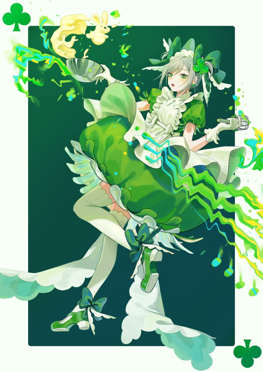 1girl absurdres amulet_clover amulet_clover_(cosplay) apron bow bowl bubble_skirt clover_hair_ornament commentary_request cosplay dress frilled_skirt frills gloves green_bow green_dress green_eyes green_footwear grey_hair hair_bow hair_ornament highres hinamori_amu hinamori_amu_(cosplay) hinomori_shiho holding holding_bowl holding_whisk korean_commentary looking_at_viewer open_mouth project_sekai puffy_short_sleeves puffy_sleeves short_sleeves shugo_chara! sidelocks skirt solo szztzzs thighhighs two_side_up whisk white_apron white_gloves white_thighhighs