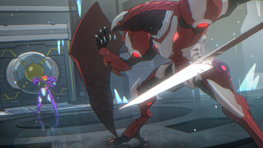 1girl 1other arm_cannon armor bad_tag chozo chozo_soldier claws gravity_suit_(metroid) green_visor holding holding_polearm holding_weapon metroid metroid_dread nintendo polearm power_armor power_suit power_suit_(metroid) red_armor samus_aran science_fiction shield shoulder_armor teke weapon