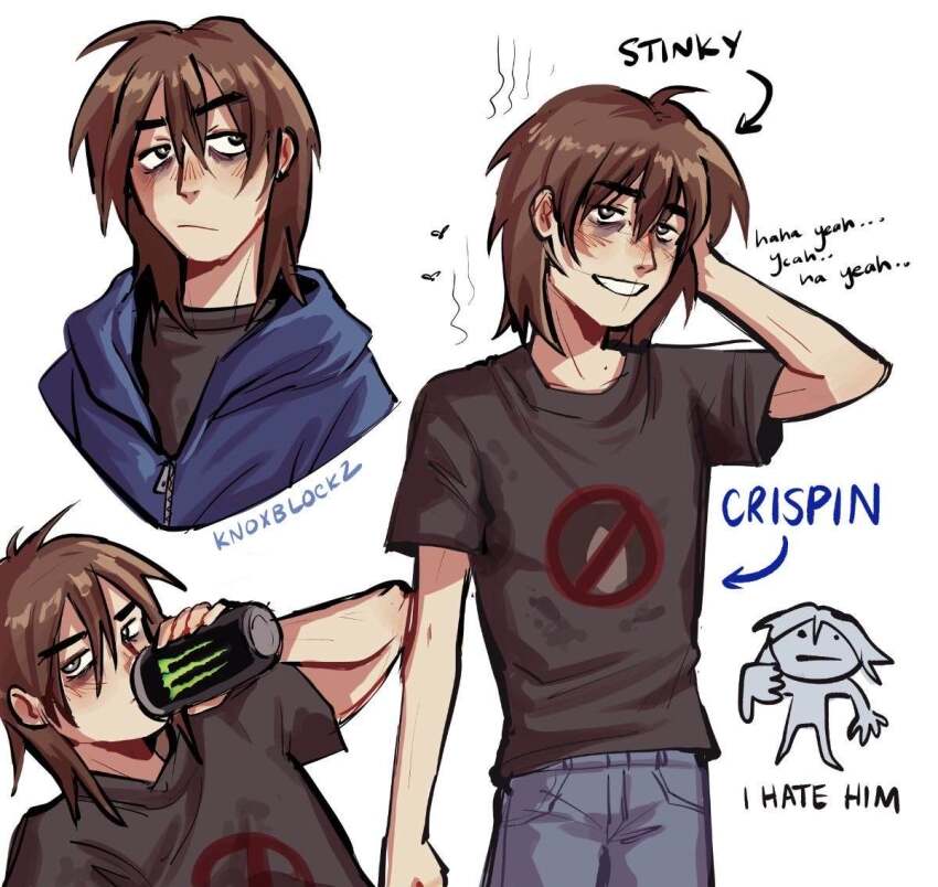 arm_behind_head class_of_09 crispin_(class_of_09) denim energy_drink hood hoodie jeans knoxblockz male_focus monster_energy non-web_source pants smell thumbs_down