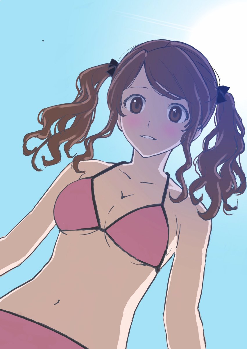 1girl amagami bikini blue_sky blush breasts brown_eyes brown_hair cleavage from_below highres medium_breasts nakata_sae navel parted_lips pink_bikini sky solo sunlight swimsuit twintails upper_body warder2013 wavy_hair