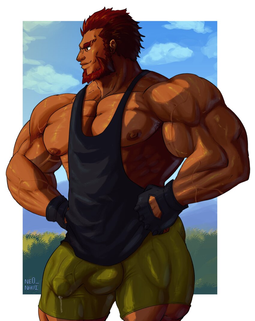 1boy absurdres armpit_hair armpit_hair_peek bara beard bike_shorts covered_penis covered_testicles facial_hair fate/zero fate_(series) fingerless_gloves gloves highres iskandar_(fate) large_pectorals male_focus muscular muscular_male ne0_navi nipples pectorals precum precum_through_clothes red_hair short_hair solo tank_top veins veiny_arms