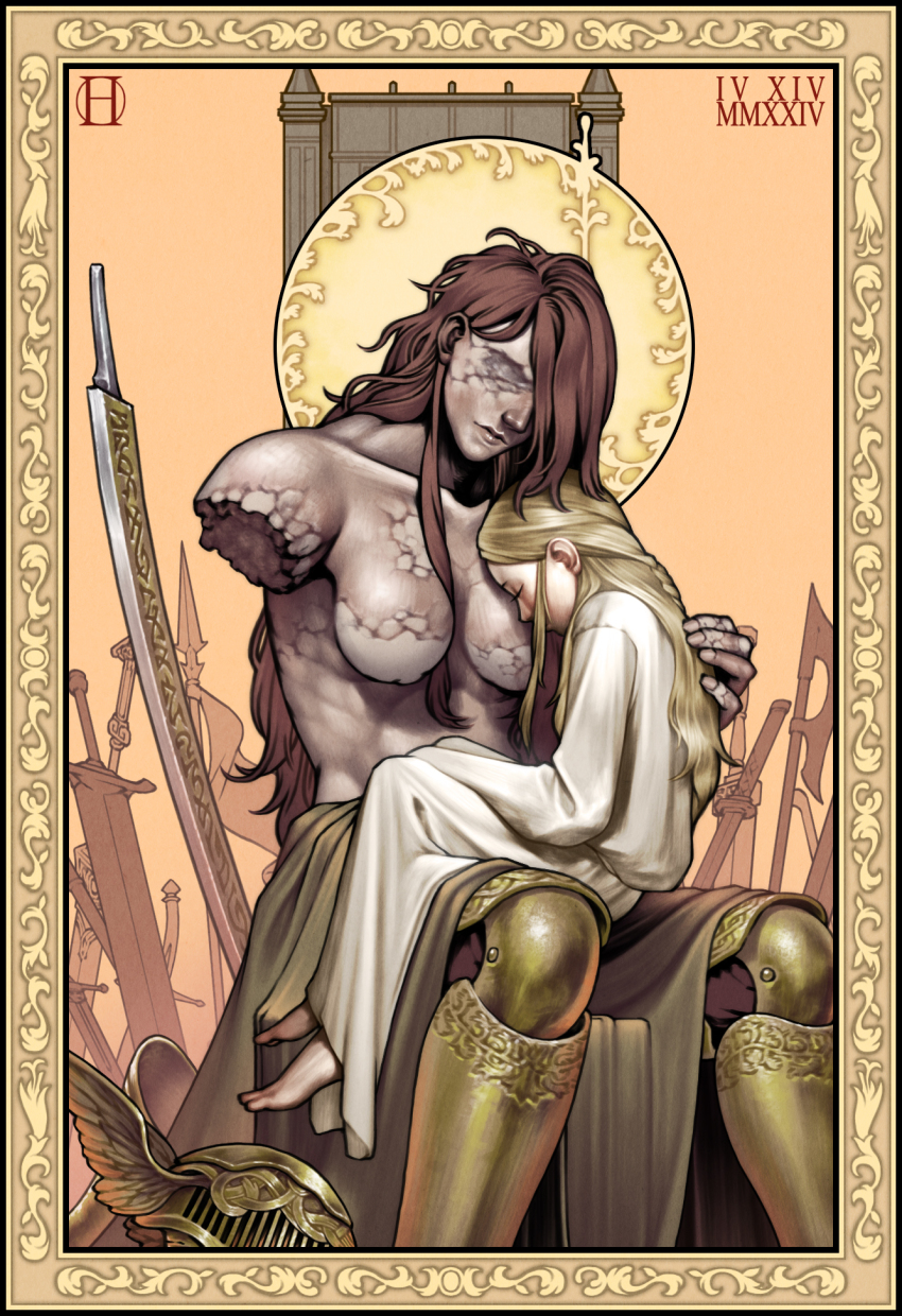 1boy 1girl amputee brother_and_sister bug butterfly covered_eyes elden_ring gido_(artist) helmet helmet_over_eyes highres insect malenia_blade_of_miquella malenia_goddess_of_rot mechanical_arms miquella_(elden_ring) prosthesis prosthetic_arm prosthetic_leg siblings single_mechanical_arm too_many too_many_butterflies winged_helmet