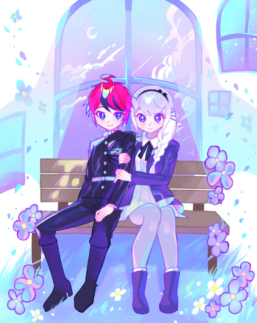 1boy 1girl ahoge belt black_boots black_hair black_hairband black_pants black_ribbon blue_eyes boots braid bright_pupils buttons closed_mouth cloud commentary crescent_moon grey_pantyhose hair_ornament hairband hairclip highres holding_another&#039;s_arm iro_(mywife_sunny) jacket kirifuji_nozomi last_defense_academy_school_uniform long_hair mole mole_under_eye moon multicolored_hair neck_ribbon on_bench open_clothes open_jacket pants pantyhose pleated_skirt purple_boots purple_eyes purple_jacket red_hair ribbon school_uniform shirt side_braid sitting skirt smile star_(sky) sumino_takumi symbol-only_commentary the_hundred_line_-last_defense_academy- two-tone_hair white_belt white_hair white_pupils white_shirt white_skirt window