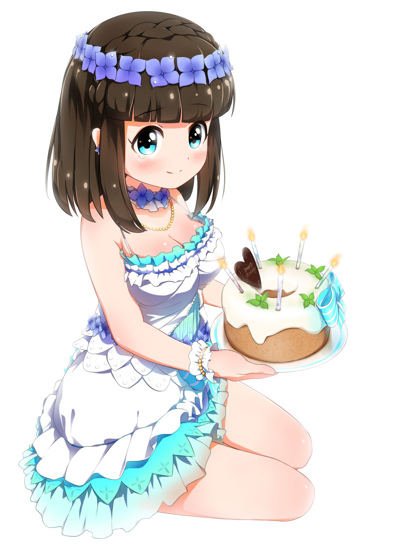 1girl absurdres asahina_kokomi battle_girl_high_school blue_eyes blunt_bangs breasts brown_hair cake choker cleavage clip_studio_paint_(medium) closed_mouth dress food happy_tears head_wreath highres holding holding_cake holding_food kneeling looking_at_viewer short_hair simple_background smile solo tamanegi_(12030028) tears white_dress