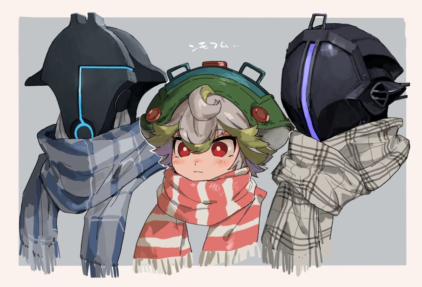 1girl 2boys :3 alternate_costume blue_scarf bondrewd border closed_mouth commentary_request covered_face flipped_hair green_hair green_hat grey_background grey_hair grey_scarf gueira_(made_in_abyss) hat head_only helm helmet highres light_blush made_in_abyss maido_(gokujohoureisen) masked multicolored_hair multiple_boys outside_border pink_scarf prushka red_eyes scarf short_hair simple_background streaked_hair striped_clothes striped_scarf translation_request white_border