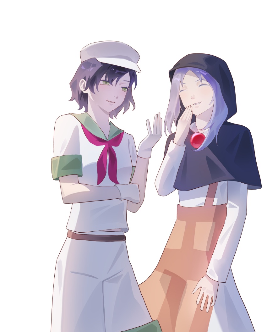 2girls absurdres black_hair black_hood blue_hair closed_eyes collared_shirt cowboy_shot dress gloves green_eyes grin hat highres hood jewelry kesa kumoi_ichirin long_hair multiple_girls murasa_minamitsu neckerchief pendant red_neckerchief shirt short_hair short_sleeves shorts simple_background smile thursyue touhou white_background white_dress white_gloves white_hat white_shirt white_shorts
