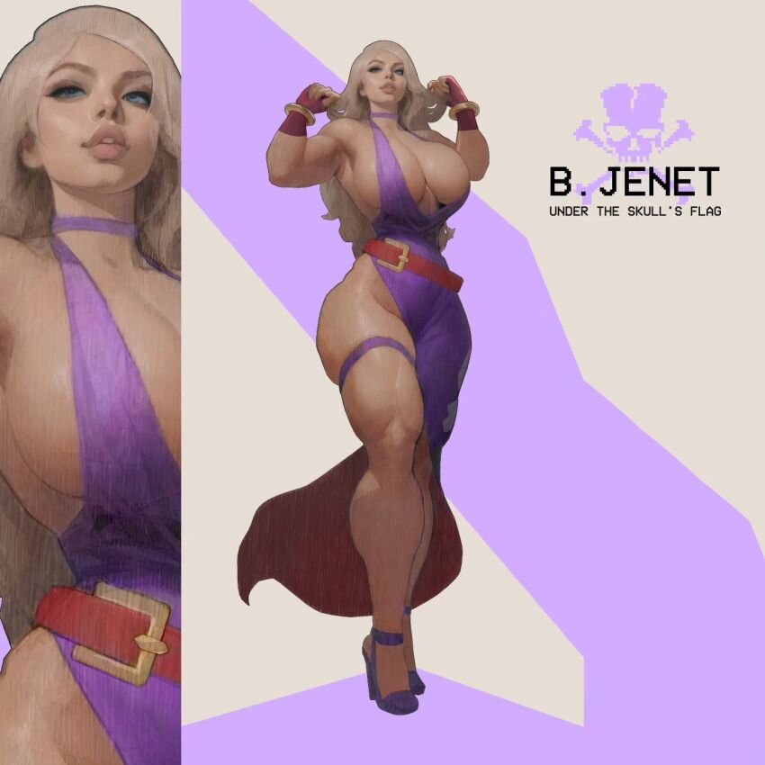 1girl bare_shoulders breasts cleavage curvy fatal_fury fingerless_gloves full_body garou:_mark_of_the_wolves gloves highres huge_breasts ickpot b._jenet large_breasts lips long_hair looking_at_viewer mature_female narrow_waist navel pinup_(style) realistic snk solo thick_lips thick_thighs thighs toned toned_female