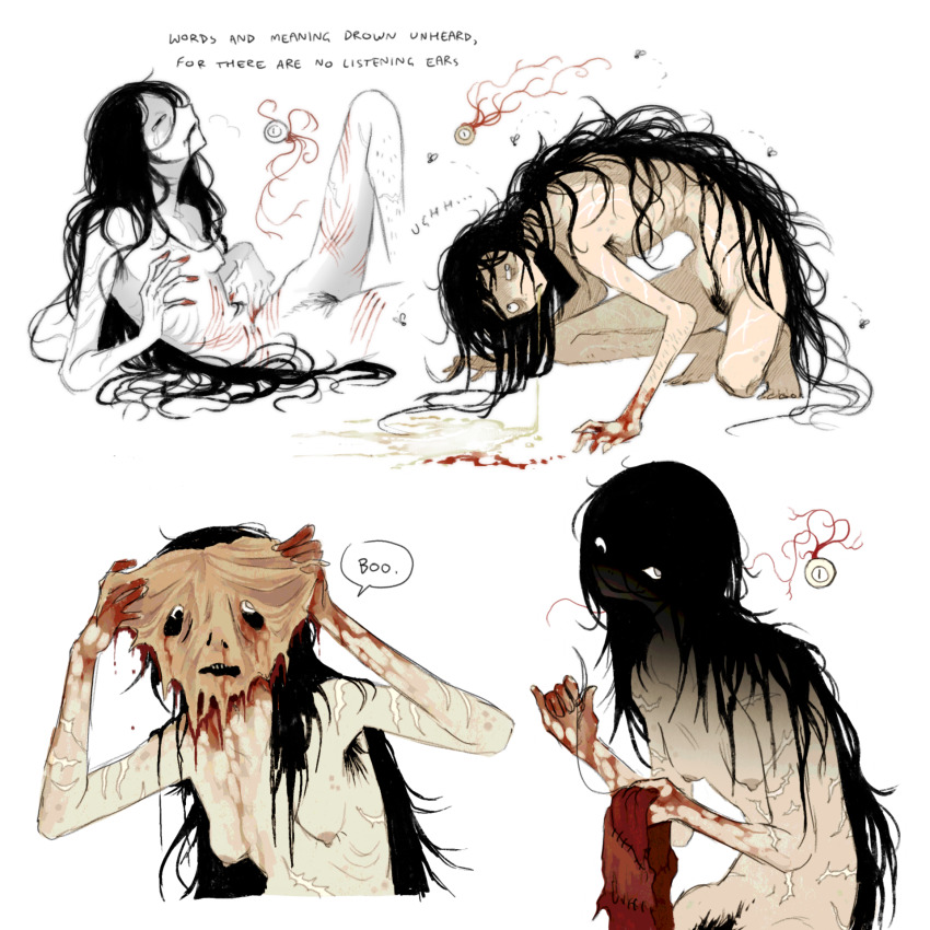 1girl black_hair blood blood_on_hands breasts bug colored_skin completely_nude english_text eyeball fly grin guro highres horror_(theme) insect jejejunum jejenum_(jejejunum) long_hair needle nipples nude old old_woman original pale_skin pubic_hair scar scar_on_arm scratches self-harm sewing sewing_needle shaded_face simple_background small_breasts smile speech_bubble very_long_hair vomit vomiting white_background white_skin