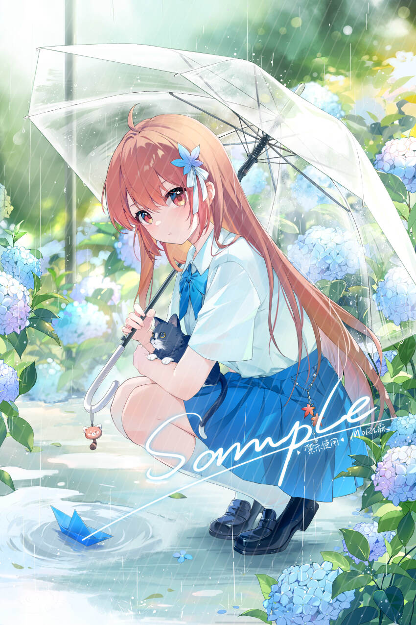 1girl absurdres ahoge black_shoes blue_bow blue_bowtie blue_flower blue_skirt bow bowtie brown_eyes brown_hair cat closed_mouth collared_shirt commentary_request flower from_side full_body hair_between_eyes hair_flower hair_ornament highres holding holding_umbrella kneehighs loafers long_hair looking_at_viewer looking_to_the_side morimori_(14292311) original outdoors paper_boat rain sample_watermark shirt shoes short_sleeves skirt socks solo squatting umbrella very_long_hair watermark white_shirt white_socks