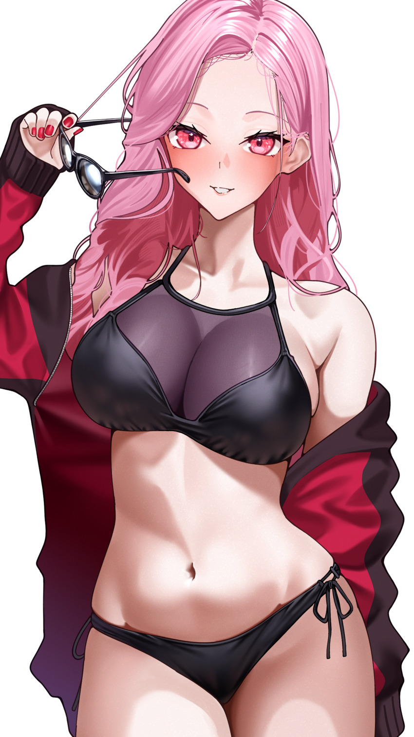 1girl 404_(pixiv_94263879) absurdres bikini black_bikini blush breasts cleavage clothes_down collarbone commentary fingernails forehead highres holding holding_removed_eyewear hololive hololive_english jacket large_breasts lips long_hair long_sleeves looking_at_viewer mori_calliope mori_calliope_(streetwear) navel open_clothes open_jacket pink_eyes pink_hair red_jacket red_nails see-through_bikini see-through_cleavage see-through_clothes side-tie_bikini_bottom simple_background smile solo stomach string_bikini sunglasses swimsuit symbol-only_commentary unworn_eyewear virtual_youtuber white_background