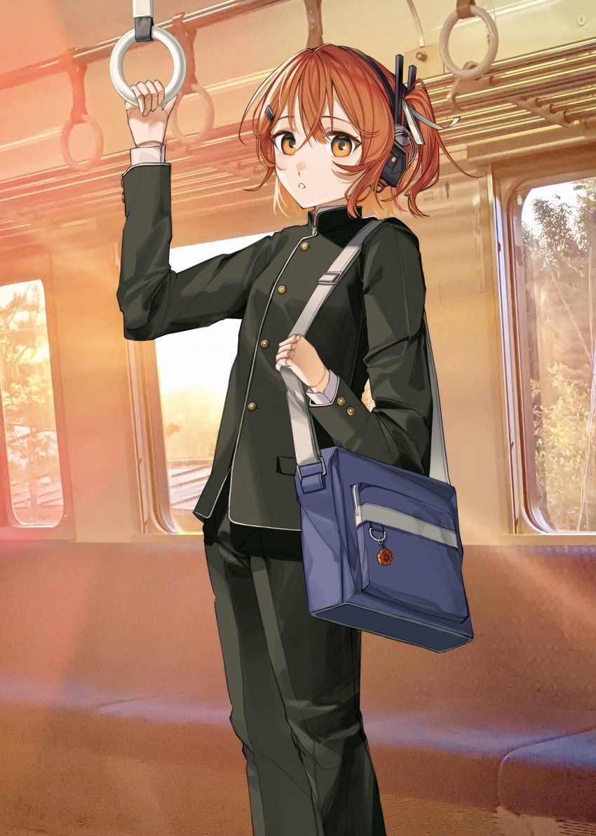 1girl a.i._voice adachi_rei android bag black_jacket black_pants buttons crossdressing feet_out_of_frame gakuran hair_ribbon high_collar highres jacket joints long_sleeves looking_at_viewer one_side_up orange_eyes orange_hair pants popomine_(popo3ne) ribbon robot_joints school_bag school_uniform shoulder_bag solo standing train_interior utau