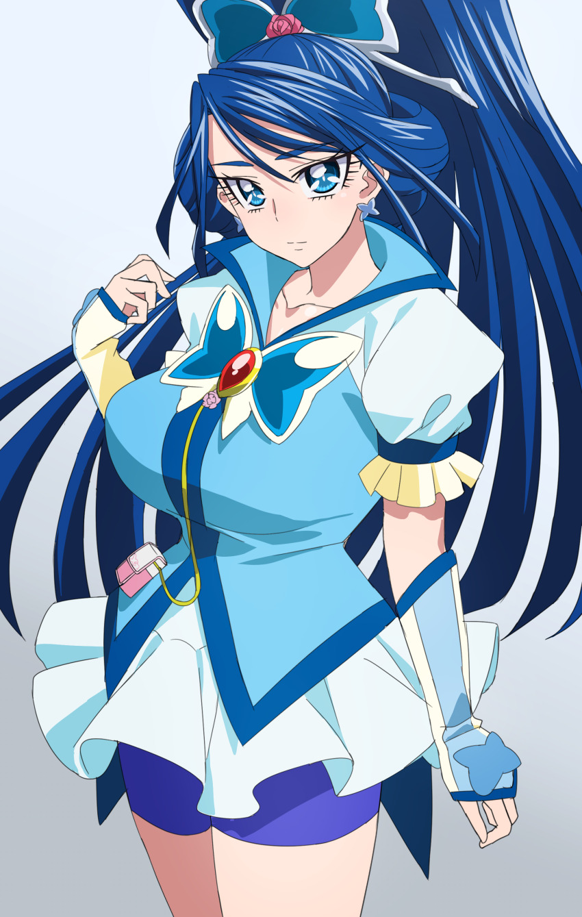1girl absurdres arm_warmers bike_shorts blue_eyes blue_hair blue_shorts blue_vest butterfly_brooch butterfly_earrings butterfly_hair_ornament closed_mouth commentary_request cure_aqua dress earrings hair_ornament high_ponytail highres jewelry long_hair magical_girl minazuki_karen oimanji partial_commentary ponytail precure puffy_short_sleeves puffy_sleeves short_sleeves shorts solo vest white_dress yes!_precure_5 yes!_precure_5_gogo!