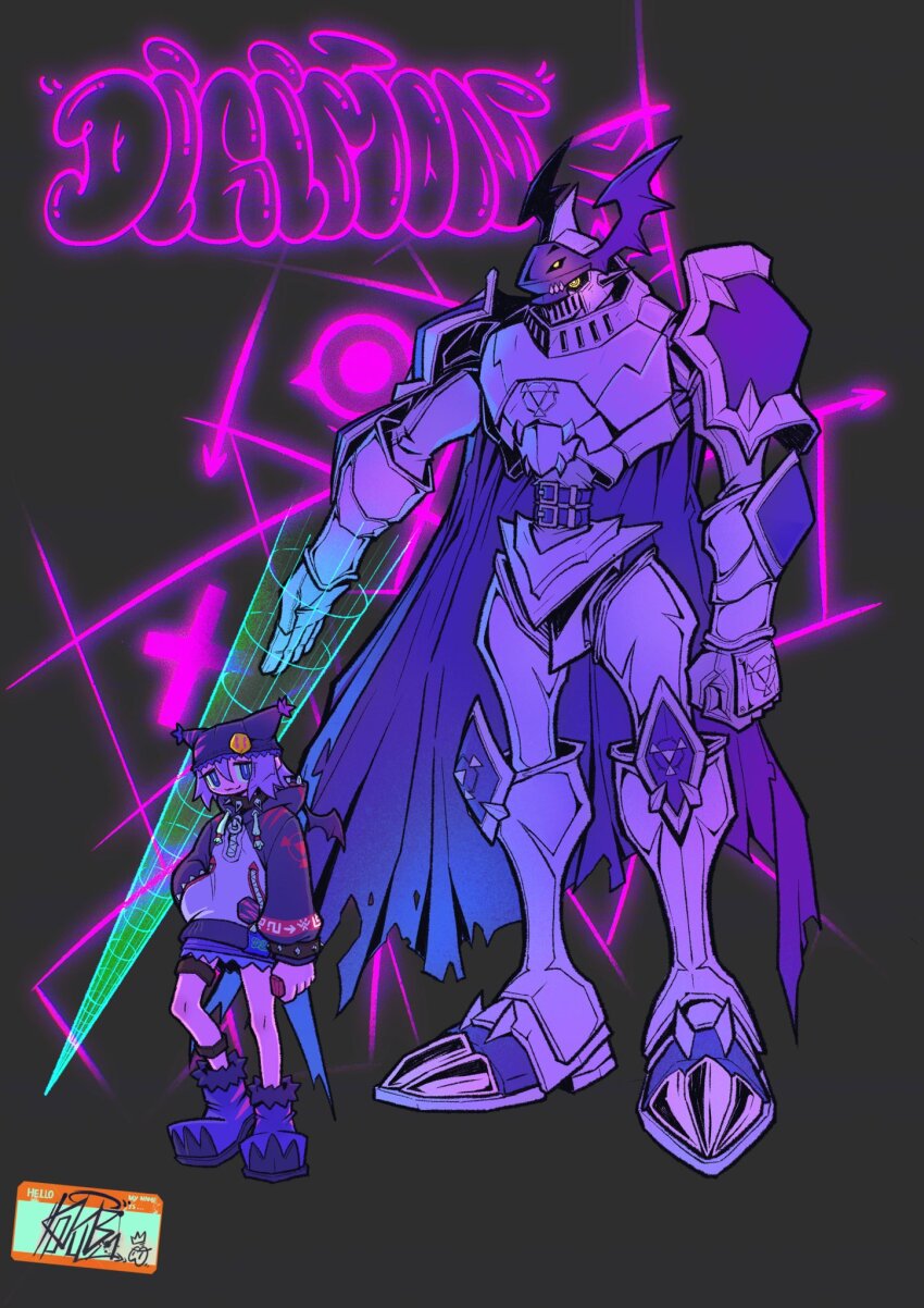 1other armor black_background black_hat cape digimon digimon_(creature) digimon_(virtual_pet) dukemon full_body hat highres knight koyubidododo muted_color neon_lights virtual_pet_(toy)