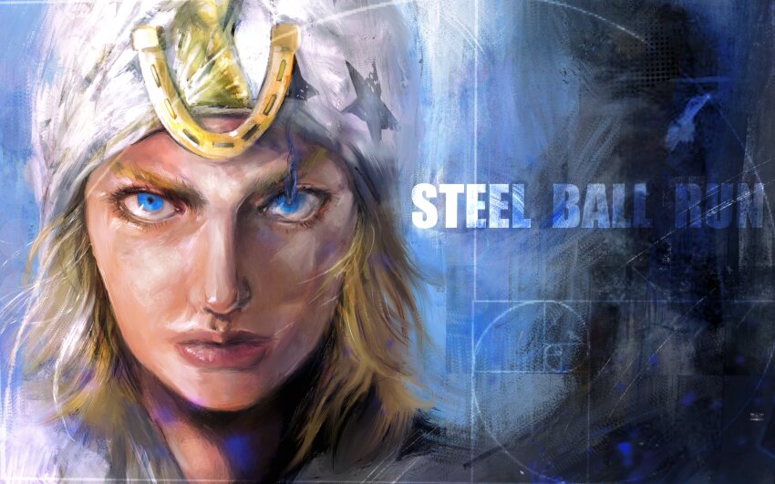 1boy absurdres blonde_hair blue_background blue_eyes close-up dixie_cup_hat english_text fibonacci_sequence gradient_background hat highres hood horseshoe horseshoe_hat_ornament horseshoe_ornament johnny_joestar jojo_no_kimyou_na_bouken lips male_focus medium_hair military_hat painterly solo star_(symbol) star_print steel_ball_run xa8uofivf2mcart