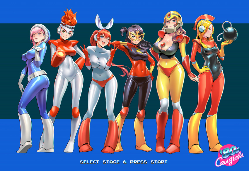&gt;:) 6+girls ;d absurdres arm_at_side arm_cannon arm_guards arm_up armor ass belt belt_skirt black_hair black_leotard blonde_hair blue_background blue_bodysuit blue_eyes blush bodysuit bomb bomb_man boots breasts breasts_squeezed_together brown_eyes brown_hair character_name chromatic_aberration cleavage closed_mouth collarbone contrapposto copyright_name covered_erect_nipples covered_navel cowboy_shot cut_man double_v elbow_gloves elec_man explosive fire_man forehead from_side full_body fur_trim genderswap genderswap_(mtf) gloves gluteal_fold green_eyes grey_bodysuit grey_gloves guts_man hair_between_eyes hand_on_own_hip hand_up hands_up head_tilt headgear helmet highres holding holding_weapon hood hood_up ice_man jewelry knee_boots knee_pads large_breasts leaning_forward legs_apart lensless_glasses leotard light_smile lightning_bolt_symbol lips long_hair looking_at_viewer looking_to_the_side mask medium_breasts mega_man_(classic) mega_man_(series) mega_man_1 multiple_girls necklace one3four! one_eye_closed one_side_up open_mouth orange_bodysuit parted_lips pendant pigeon-toed pink_hair ponytail profile red_eyes red_footwear red_gloves red_hair round_teeth shiny_clothes short_hair shoulder_pads skin_tight small_breasts smile standing stats striped_background swept_bangs tareme taut_clothes teeth upper_teeth_only v v-shaped_eyebrows weapon white_footwear yellow-framed_eyewear yellow_boots yellow_gloves