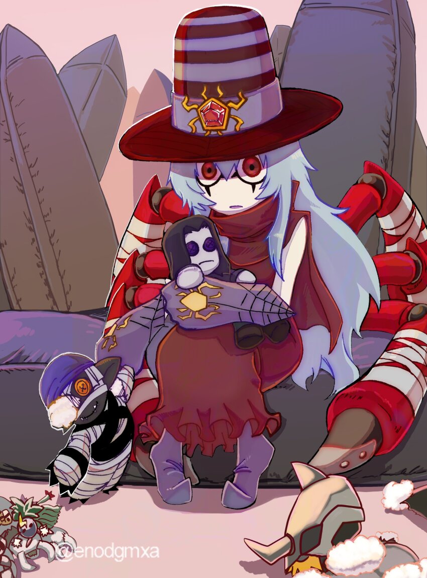 archnemon arthropod_girl blackwargreymon blossomon blue_hair digimon digimon_(creature) digimon_adventure_02 doll glasses hat highres horns insect_girl long_hair mask monster_girl mummymon oikawa_yukio okuwamon spider_girl thunderballmon