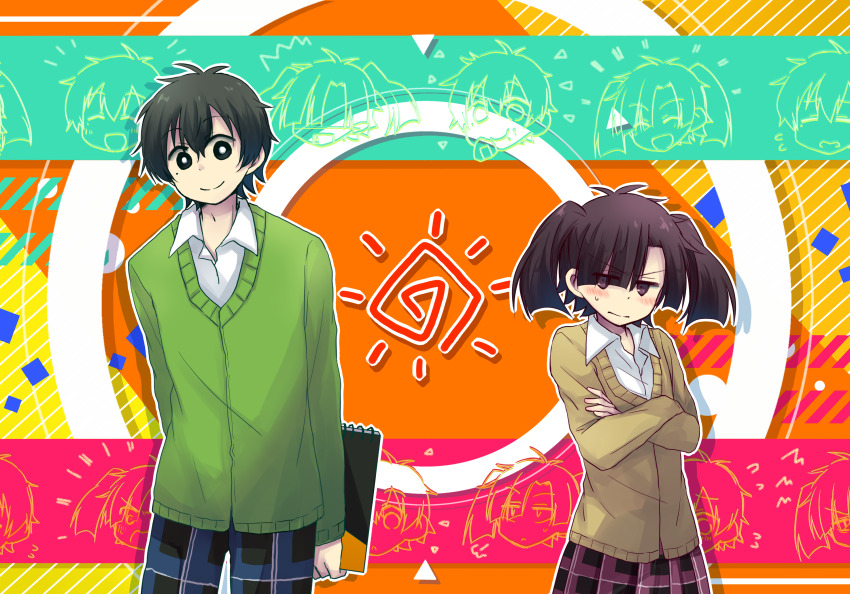 1boy 1girl arms_behind_back black_hair bright_pupils brown_hair collared_shirt crossed_arms enomoto_takane multiple_expressions gamiko_chopin green_sweater hair_between_eyes highres holding holding_sketchbook kagerou_project kokonose_haruka shirt sketchbook smile sweatdrop sweater sweater_vest tan_sweater twintails white_eyes white_pupils white_shirt yuukei_yesterday_(vocaloid)