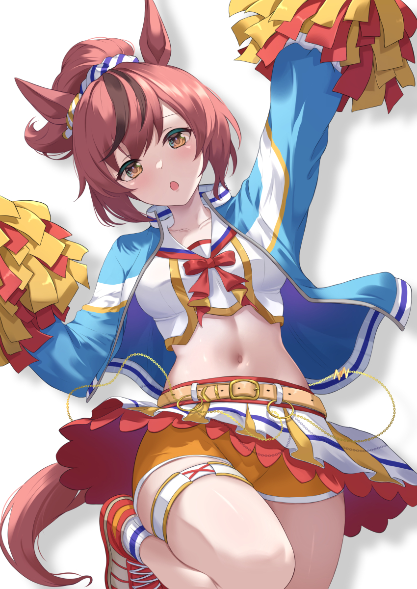 1girl :o absurdres animal_ears arm_up belt bike_shorts black_hair blue_jacket brown_eyes brown_hair cheerleader collarbone commentary_request highres holding holding_pom_poms horse_ears horse_girl horse_tail jacket long_sleeves looking_at_viewer maimuu midriff multicolored_hair navel nice_nature_(run&amp;win)_(umamusume) nice_nature_(umamusume) official_alternate_costume open_clothes open_jacket pom_pom_(cheerleading) pom_poms ponytail short_hair simple_background skirt solo standing standing_on_one_leg streaked_hair tail umamusume white_background white_skirt yellow_belt