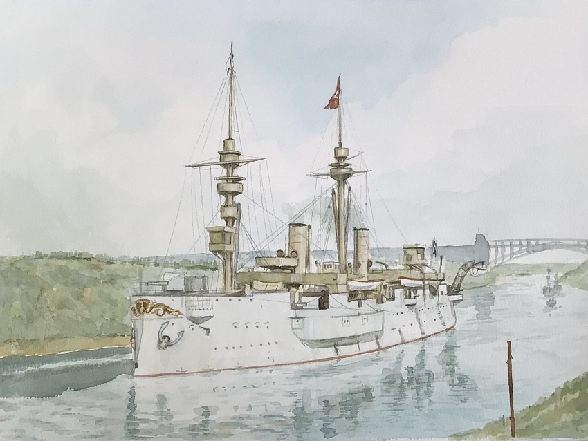atelier_bono bridge canal cannon highres imperial_german_navy ironclad mast original painting_(medium) smoke smokestack sms_deutschland_(1874) traditional_media turret vehicle_focus warship watercolor_(medium)
