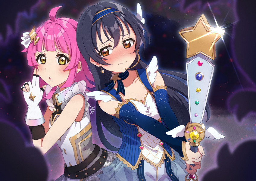 2girls ahoge bare_shoulders blunt_ends blush brown_eyes choker closed_mouth commentary_request detached_sleeves earrings embarrassed fingerless_gloves gloves hair_between_eyes hair_ornament hairband headset highres holding holding_sword holding_weapon in-franchise_crossover jewelry just_believe!!! kyaku_tasu long_hair love_live! love_live!_nijigasaki_high_school_idol_club love_live!_school_idol_festival love_live!_school_idol_festival_all_stars love_live!_school_idol_project medium_hair multiple_girls official_alternate_costume pink_hair ribbon_choker signature sonoda_umi star_(symbol) star_earrings sword tennoji_rina weapon white_gloves yellow_eyes