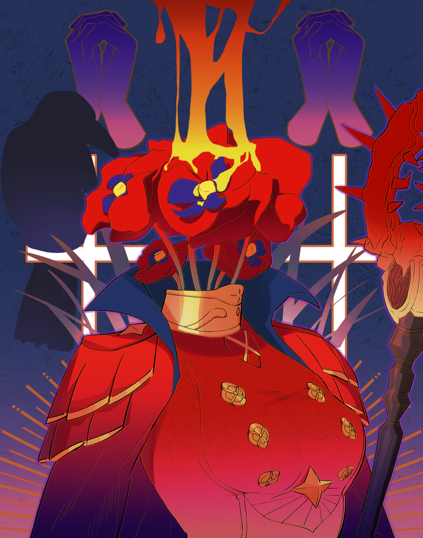 1girl abstract_background absurdres aymr_(fire_emblem) breasts cape collared_cape commentary_request dress edelgard_von_hresvelg edelgard_von_hresvelg_(timeskip) fire fire_emblem fire_emblem:_three_houses flower gradient_background headless high_collar highres holding holding_weapon medium_breasts nintendo own_hands_together red_cape red_dress red_flower user_fagx8782 weapon