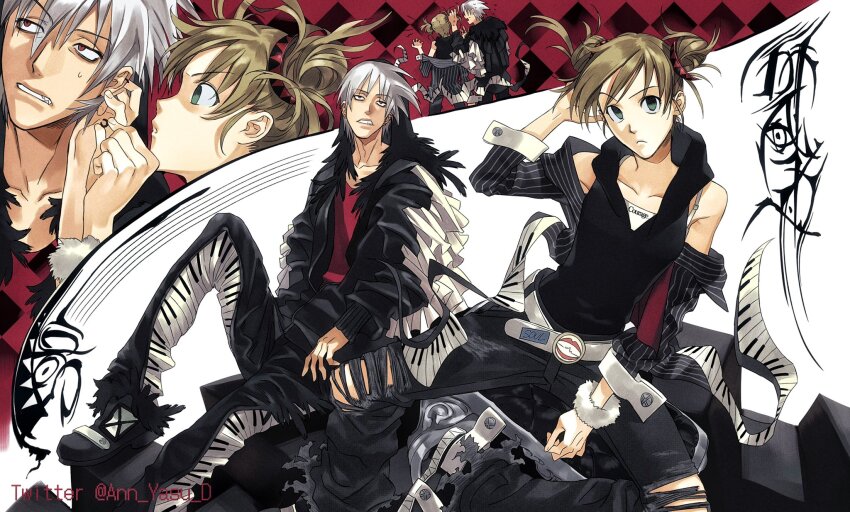 1boy 1girl ann_yasu_d bare_shoulders belt black_pants blonde_hair brown_hair frown goth_fashion green_eyes highres hood hoodie jacket lips long_sleeves maka_albarn open_clothes pants sanpaku shirt sleeveless sleeveless_hoodie soul_eater soul_evans teeth white_hair