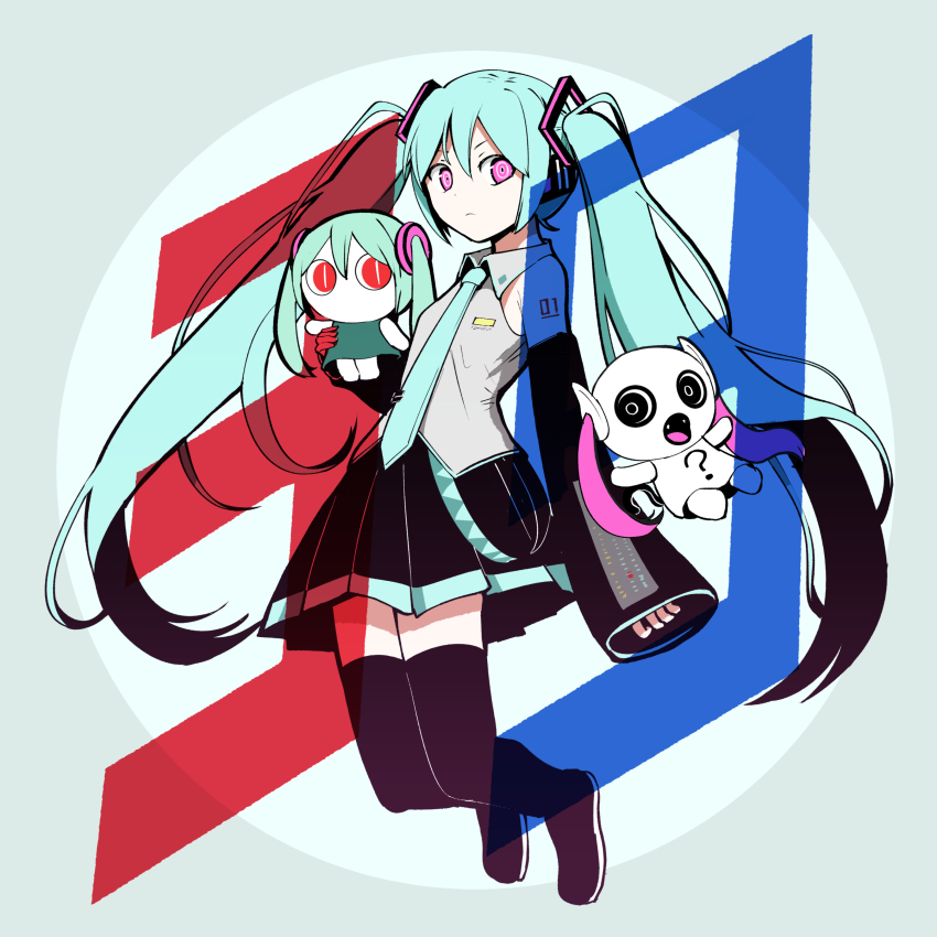 1girl 39 ? absurdres aimaina aqua_hair aqua_necktie black_bow black_skirt black_sleeves boots bow closed_mouth collared_shirt detached_sleeves doushite-chan fangs grey_shirt hair_between_eyes hair_ornament hashtag-only_commentary hatsune_miku headphones highres long_hair miku_day necktie open_mouth pink_eyes pinocchio-p pleated_skirt red_eyes shirt skirt sleeveless sleeveless_shirt sleeves_past_wrists thigh_boots thighhighs twintails very_long_hair vocaloid