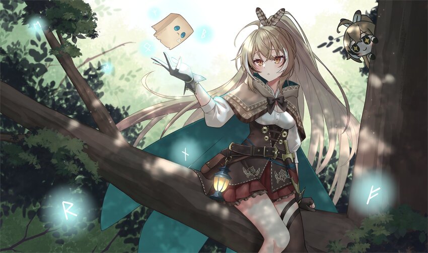 1girl ahoge asymmetrical_legwear belt_buckle belt_pouch blush bodice bow bowtie breasts brown_bow brown_bowtie brown_cape brown_eyes brown_gloves brown_hair buckle cape cleavage_cutout clothing_cutout corset crossed_bangs dagger familiar feather_hair fingerless_gloves framed_breasts friend_(nanashi_mumei) gears gloves hair_ornament hairclip hand_up hashtag-only_commentary high_ponytail highres hololive hololive_english hood hooded_cape in_tree knife lantern layered_skirt leather_belt long_hair long_sleeves medium_breasts miniskirt mismatched_legwear nanashi_mumei nanashi_mumei_(1st_costume) on_tree parted_lips pleated_skirt ponytail pouch single_thighhigh sitting sitting_in_tree skirt smol_mumei solo thigh_strap thighhighs tree two-sided_cape two-sided_fabric very_long_hair virtual_youtuber weapon z.m._(zimin)