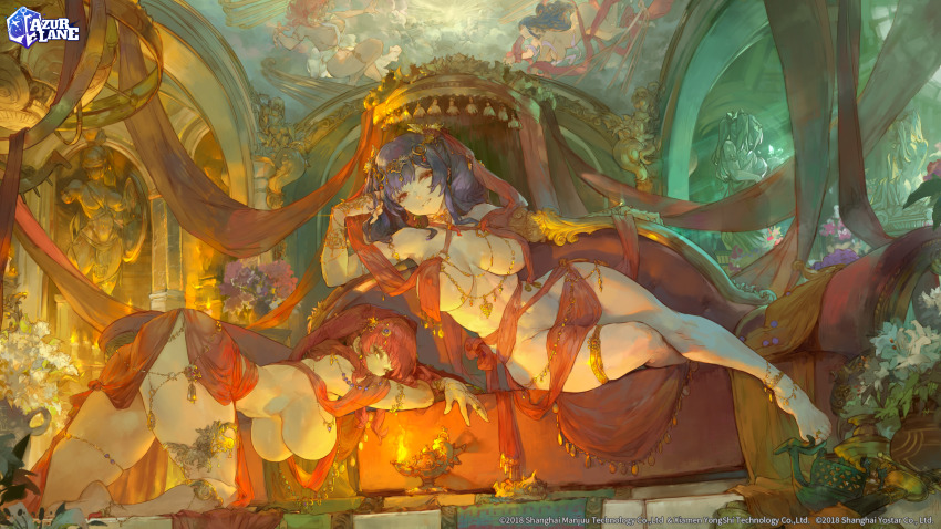 2girls absurdres alternate_costume anklet arm_support armpits ass azur_lane barefoot bent_over breasts choker cleavage commentary copyright_name copyright_notice couch covered_erect_nipples cutesexyrobutts english_commentary fine_art_parody fire flower grin hair_ornament hanging_breasts highres indoors jewelry kneeling large_breasts long_hair looking_at_viewer multiple_girls navel official_art parody pola_(azur_lane) purple_hair red_eyes red_hair revealing_clothes sarong sistine_chapel sitting smile statue thighlet twintails yellow_eyes zara_(azur_lane)