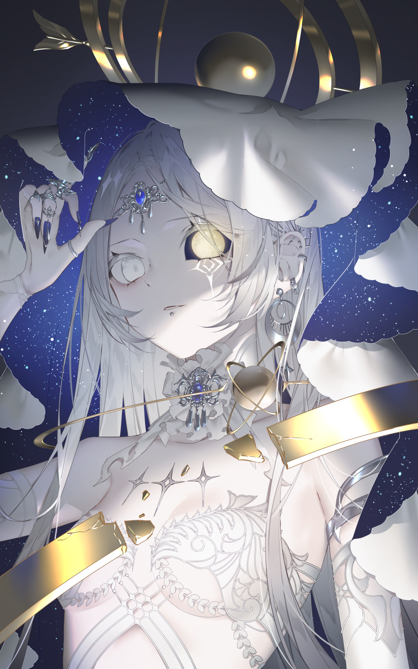 1girl absurdres bare_shoulders black_sclera blue_gemstone blue_nails breasts circlet colored_sclera colored_skin commentary detached_collar ear_piercing earrings fingernails full_moon gem hand_up heterochromia highres jewelry kotarou_(kot_mochi) long_fingernails long_hair looking_at_viewer medium_breasts moon multiple_rings nail_polish orbited original parted_lips piercing planetary_ring ring sharp_fingernails solo star_(symbol) starry_sky_print upper_body veil white_eyes white_hair white_skin white_veil yellow_eyes