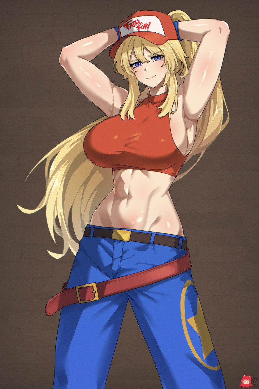 abs armpits arms_behind_head arms_up baggy_pants bare_shoulders baseball_cap belt belt_skirt blonde_hair blue_eyes blue_mary blue_mary_(cosplay) breasts closed_mouth commission cosplay crop_top denim english_text fatal_fury halterneck hat highres indomitable_marie large_breasts last_origin long_hair looking_at_viewer loose_belt lowleg lowleg_pants midriff multiple_belts muscular muscular_female navel noonnoon531 pants ponytail presenting_armpit red_shirt shirt sideboob simple_background sleeveless sleeveless_turtleneck smile taut_clothes taut_shirt the_king_of_fighters tight_top turtleneck very_long_hair
